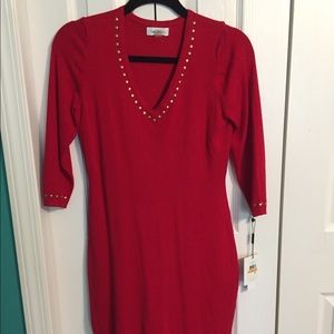 Red sweater dress with gold studs